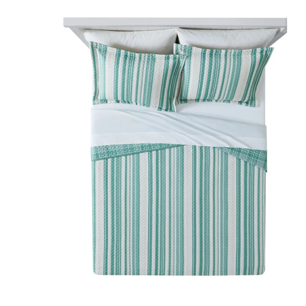 NEW Mainstays Green White Vertical Stripe Reversible Plaid King Quilt